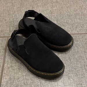 Dr. Martens Black Suede Slingback Clog Mules with Yellow Stitching